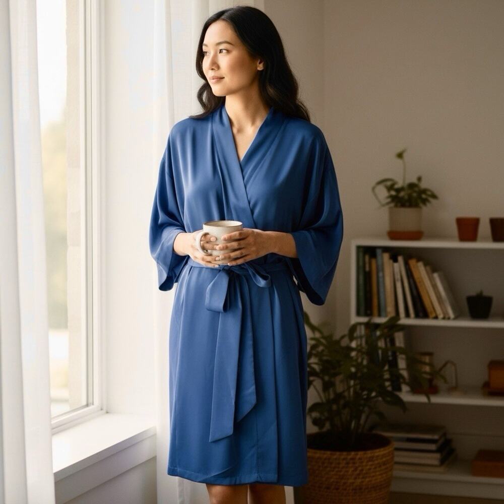 Birdy Grey Women’s Karen Robe Size M/L Bridesmaids Wedding Slate Blue Minimalist